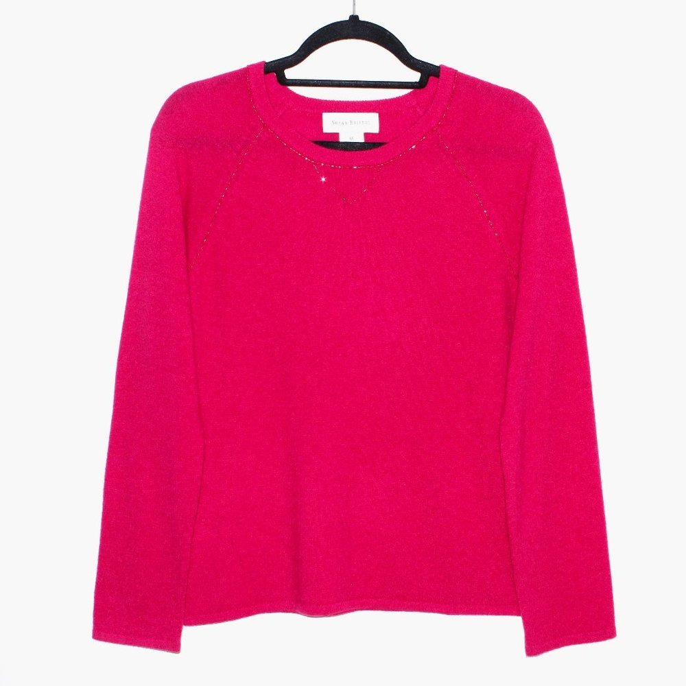 Vintage 80s Susan Bristol Raspberry Pink Sparkle Trim Lambswool Sweater